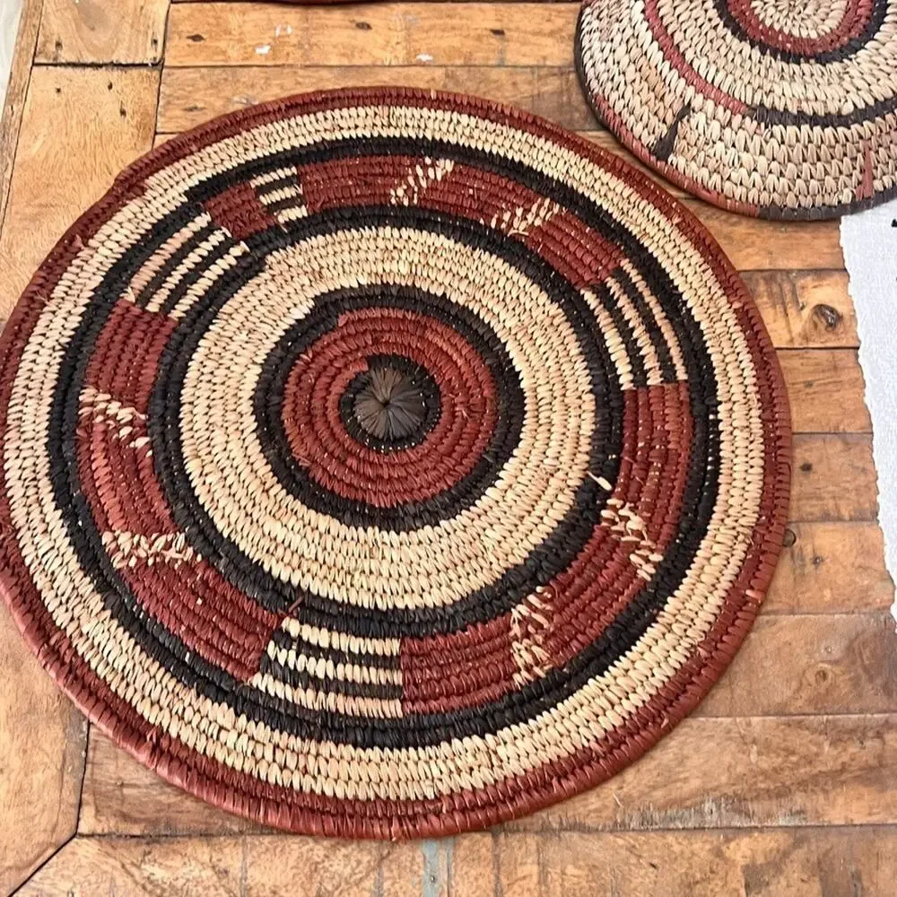 Set Of 3 African Fulani Mbeedu Rounded Flat Bowl Woven Baskets Boho